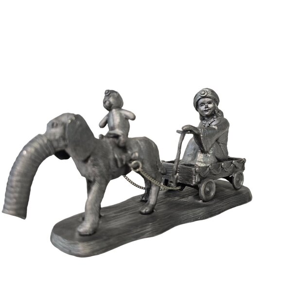 Vintage Michael Ricker 1984 Pewter Figurine Boy Riding dog Elephant Pulling Wago - Picture 3 of 10